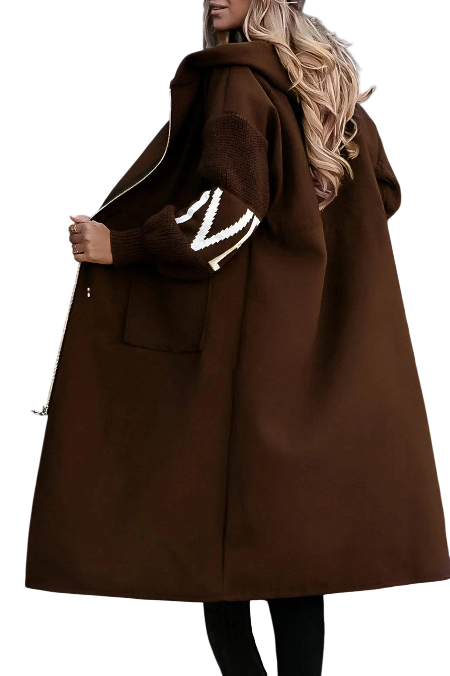 Noa - Long Hooded Coat with Knit Sleeves