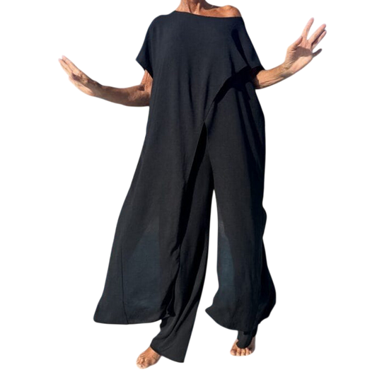 Gabbie Elegant Off-Shoulder Two-Piece Set | Relaxed Top and Wide-Leg Pants