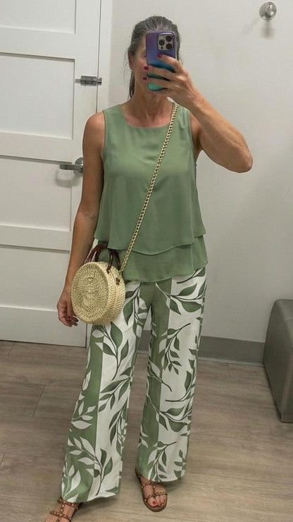 Green Plant Print Square Neck Two Piece Set