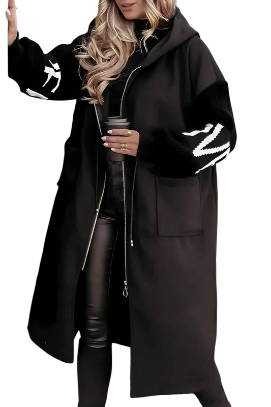 Noa - Long Hooded Coat with Knit Sleeves