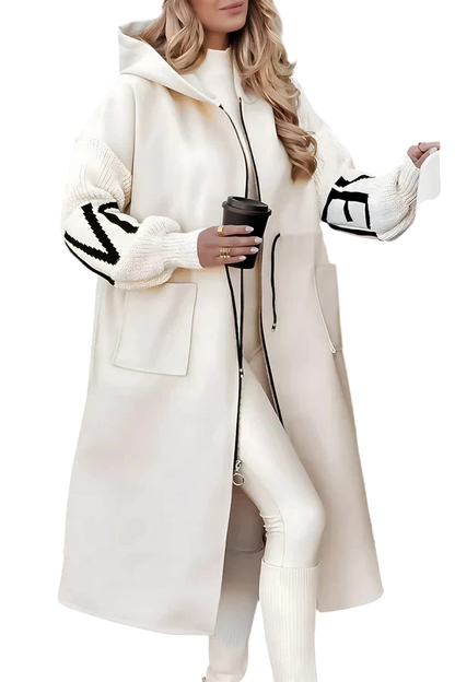 Noa - Long Hooded Coat with Knit Sleeves