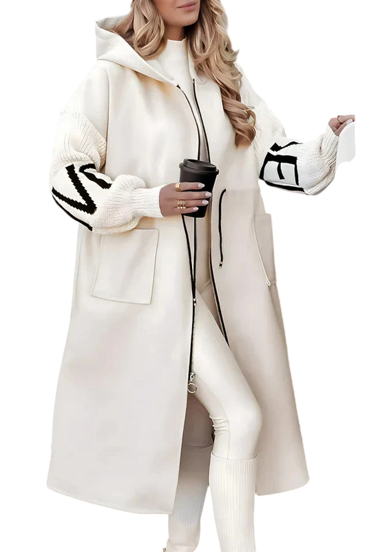 Noa - Long Hooded Coat with Knit Sleeves