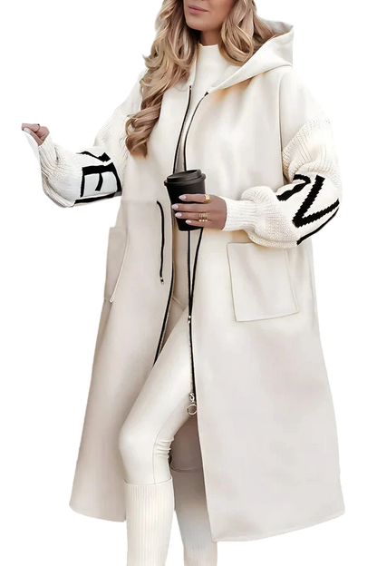 Noa - Long Hooded Coat with Knit Sleeves