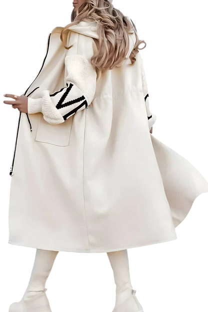 Noa - Long Hooded Coat with Knit Sleeves