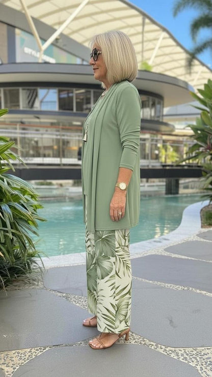 Green Tropical Print Three Piece Set