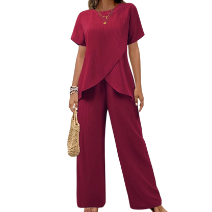 Lorrina Elegant Soft Two-Piece Set | Asymmetrical Blouse and Relaxed Pants