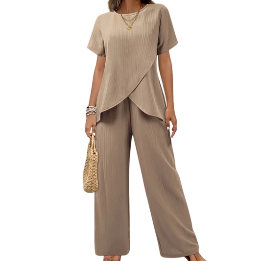 Lorrina Elegant Soft Two-Piece Set | Asymmetrical Blouse and Relaxed Pants