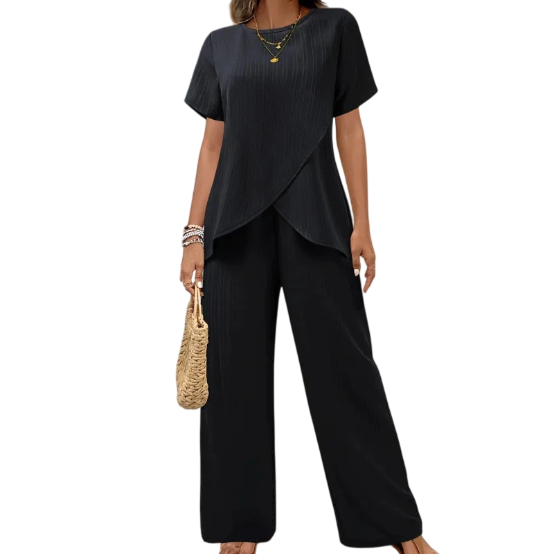 Ensemble deux pièces souple et élégant Lorrina™ | Chemisier asymétrique et pantalon décontracté