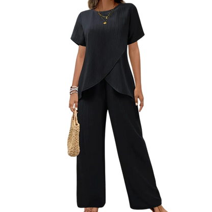Lorrina Elegant Soft Two-Piece Set | Asymmetrical Blouse and Relaxed Pants
