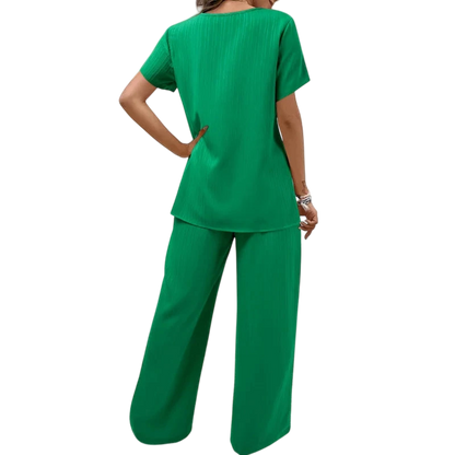 Lorrina Elegant Soft Two-Piece Set | Asymmetrical Blouse and Relaxed Pants