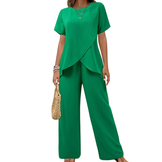 Lorrina Elegant Soft Two-Piece Set | Asymmetrical Blouse and Relaxed Pants