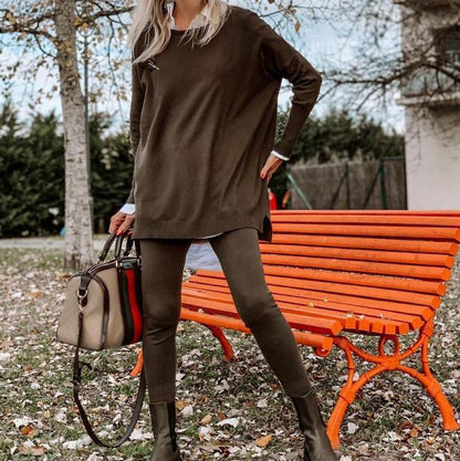 Comfy Round Neck Long Sleeve Side Slit Hem Two Piece Set