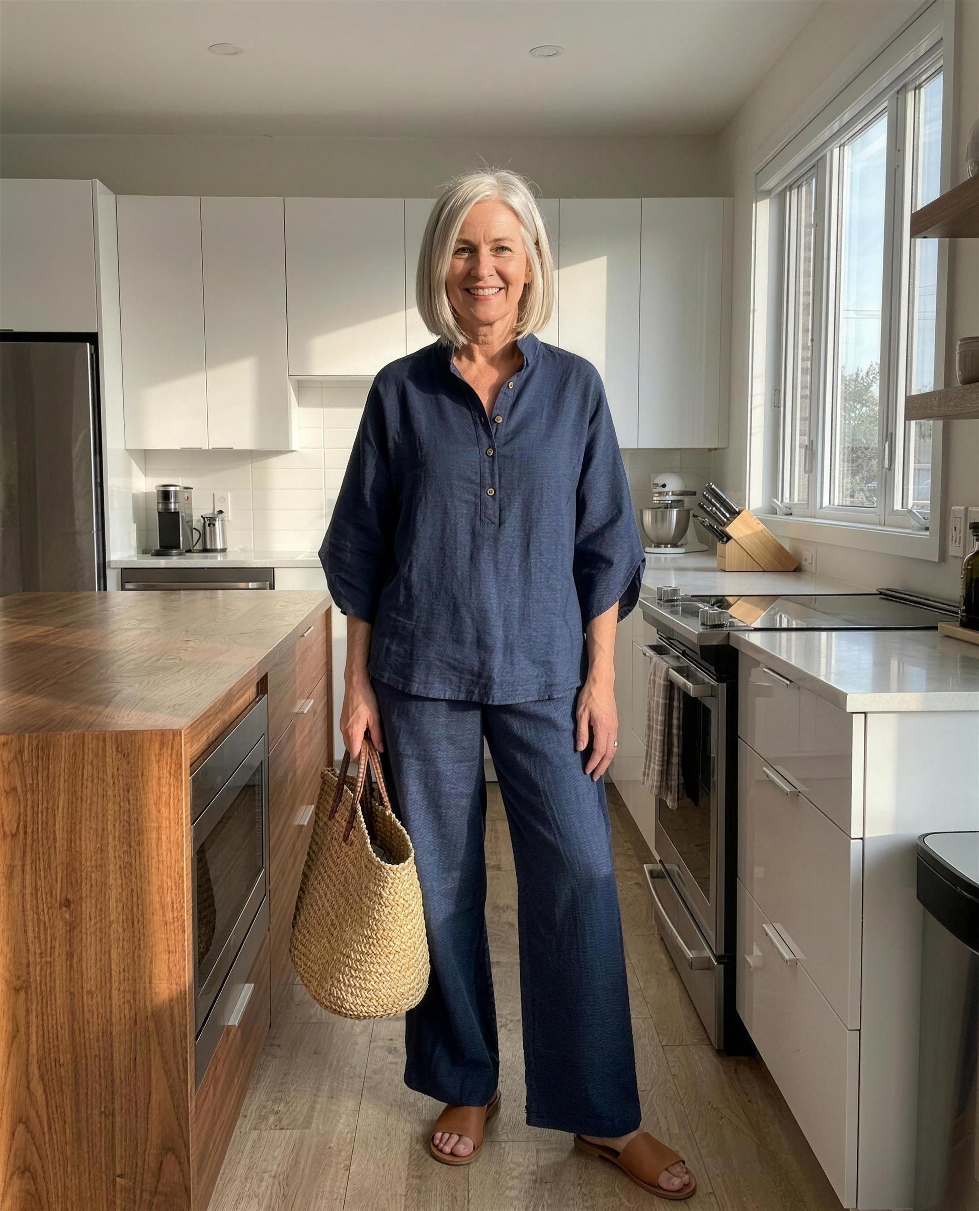 Woman in her 50s wearing the navy Mariel Comfort Set in a bright kitchen