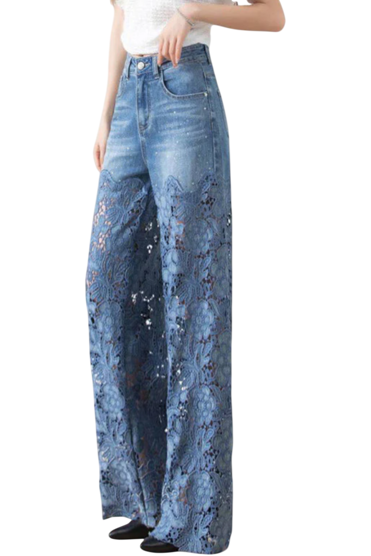 Jasiel | Pantalon Palazzo en Jean et Dentelle avec Broderie Florale
