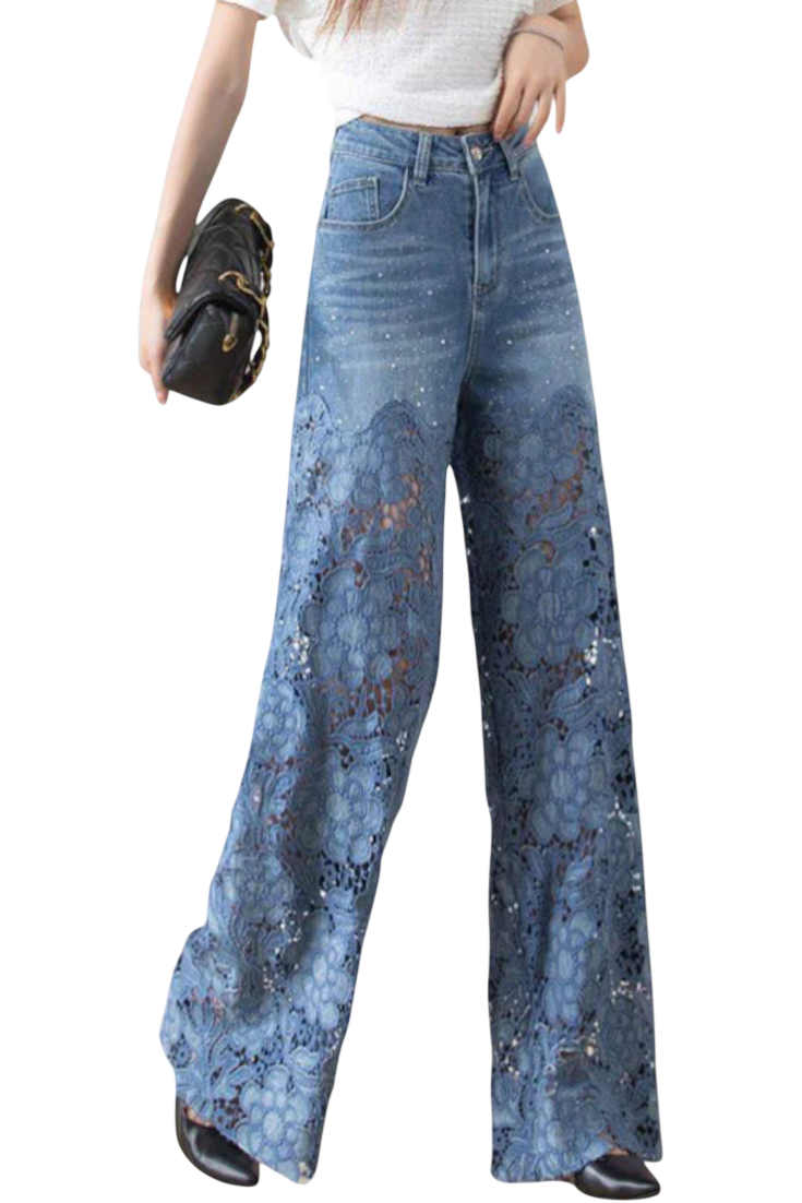 Jasiel | Pantalon Palazzo en Jean et Dentelle avec Broderie Florale