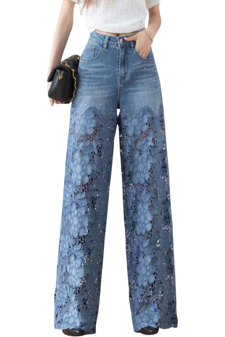 Jasiel | Pantalon Palazzo en Jean et Dentelle avec Broderie Florale