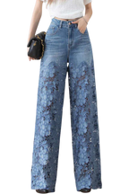 Jasiel | Pantalon Palazzo en Jean et Dentelle avec Broderie Florale