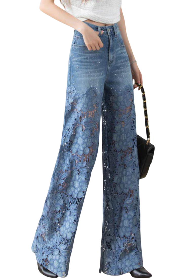 Jasiel | Pantalon Palazzo en Jean et Dentelle avec Broderie Florale