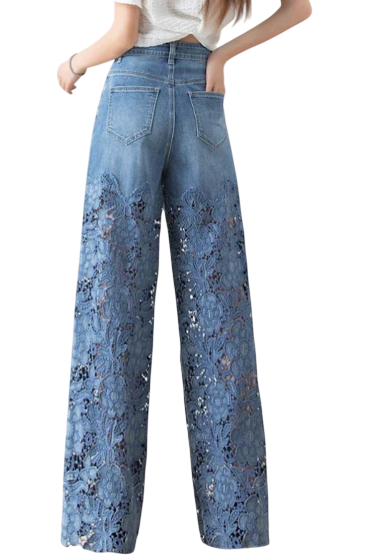 Jasiel | Pantalon Palazzo en Jean et Dentelle avec Broderie Florale