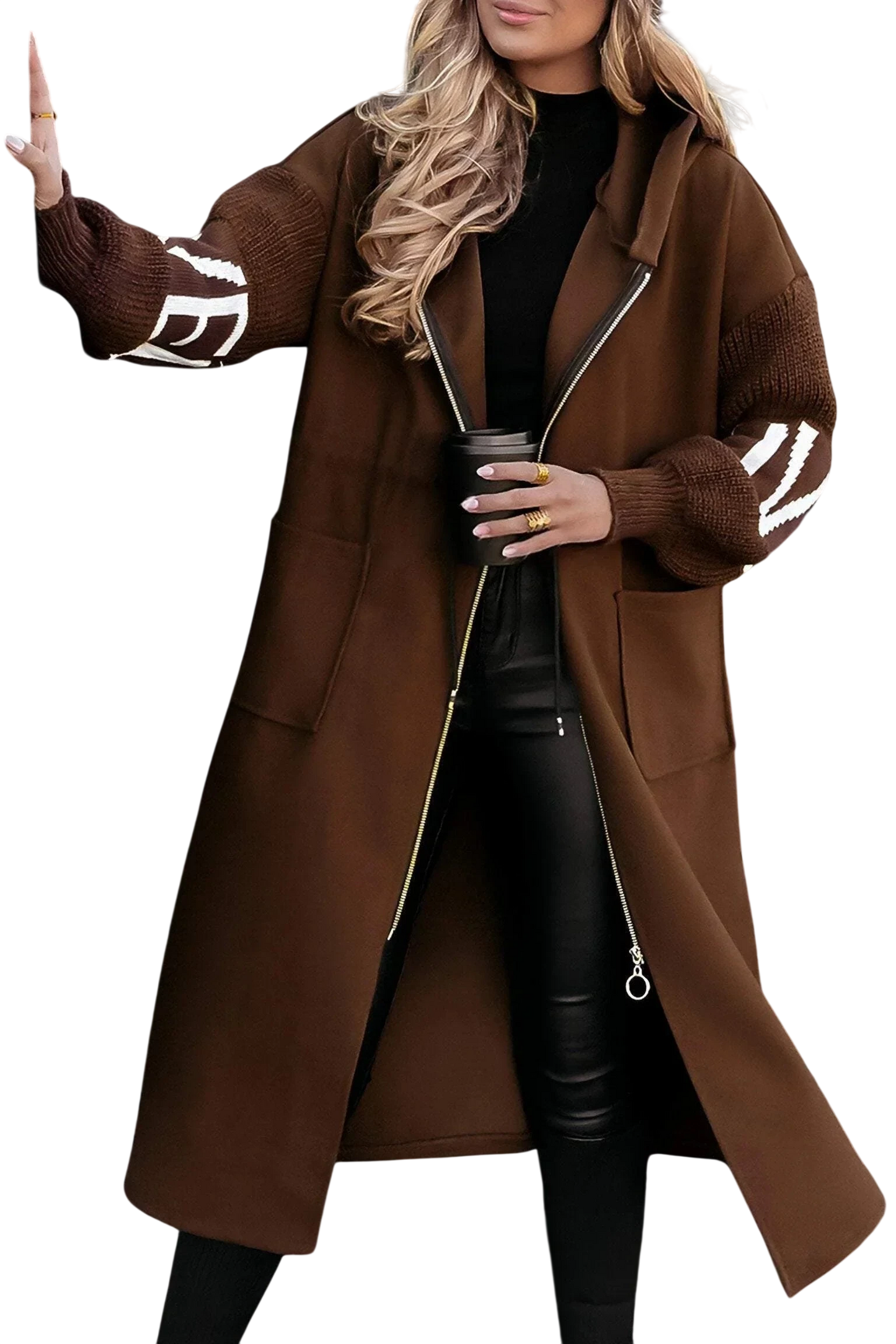 Noa - Long Hooded Coat with Knit Sleeves