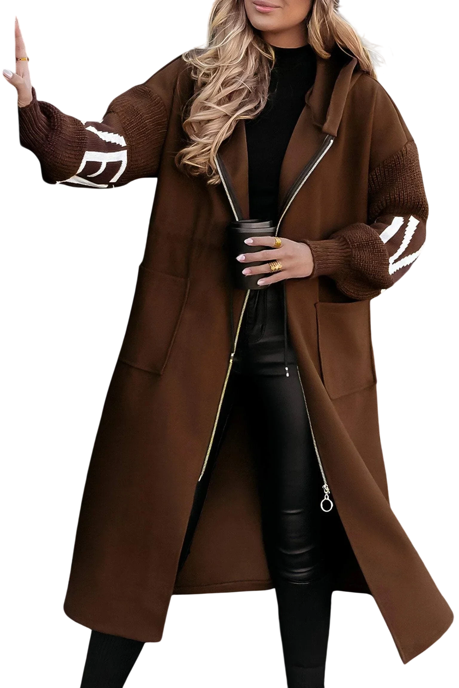 Noa - Long manteau à capuche avec manches tricotées