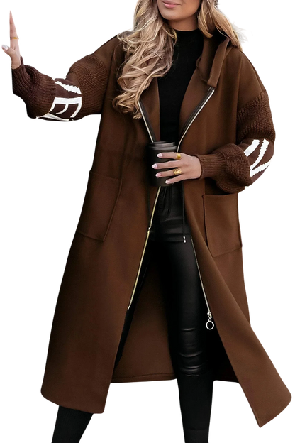 Noa - Long Hooded Coat with Knit Sleeves