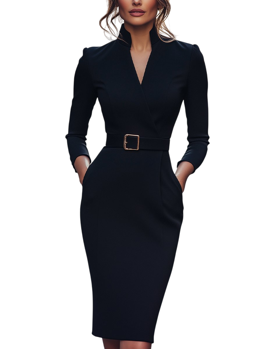 Camille™ | Robe fourreau noire ceinturée