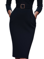 Camille™ | Robe fourreau noire ceinturée