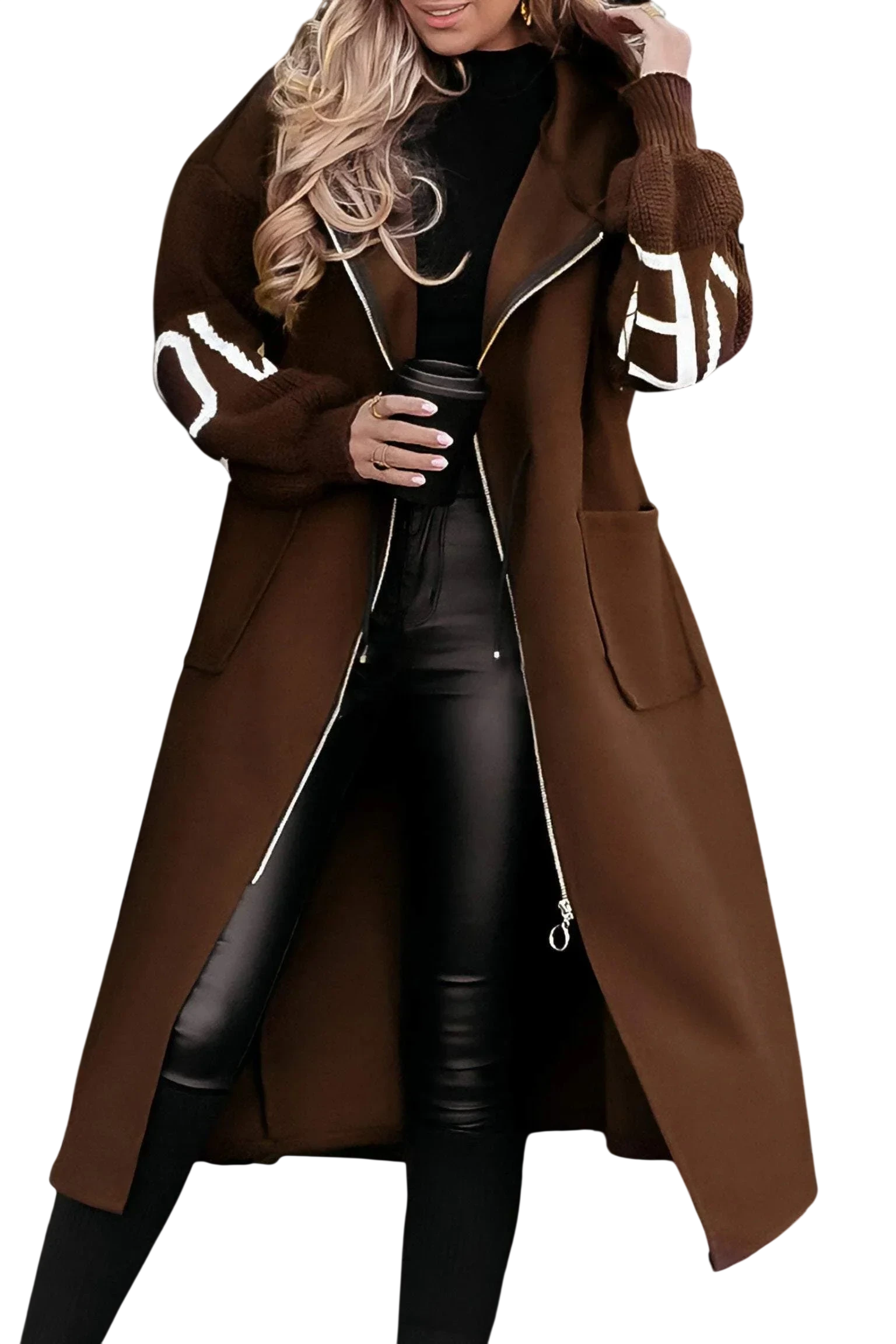 Noa - Long manteau à capuche avec manches tricotées