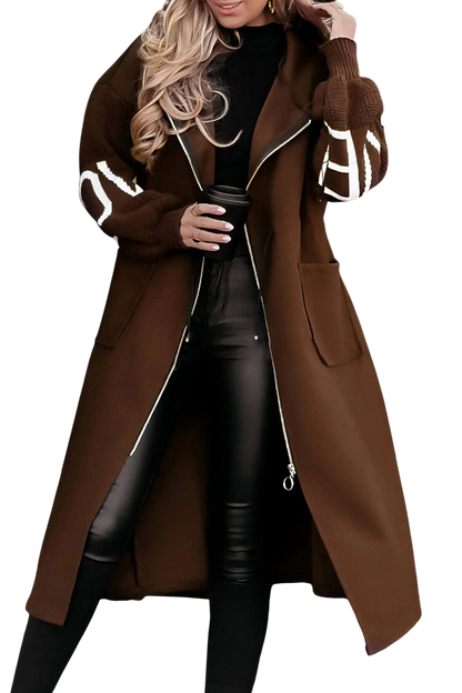 Noa - Long Hooded Coat with Knit Sleeves