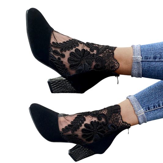 Chiara – Floral Lace Heels with Glitter Heel