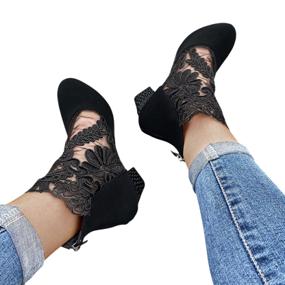 Chiara – Floral Lace Heels with Glitter Heel