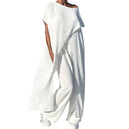 Gabbie Elegant Off-Shoulder Two-Piece Set | Relaxed Top and Wide-Leg Pants