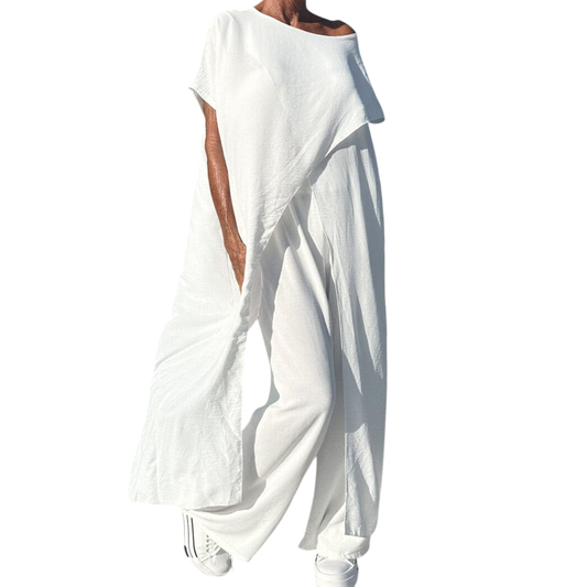 Gabbie Elegant Off-Shoulder Two-Piece Set | Relaxed Top and Wide-Leg Pants