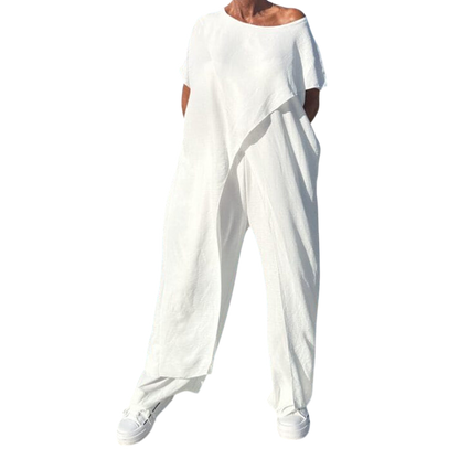 Gabbie Elegant Off-Shoulder Two-Piece Set | Relaxed Top and Wide-Leg Pants