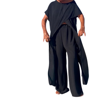 Gabbie Elegant Off-Shoulder Two-Piece Set | Relaxed Top and Wide-Leg Pants