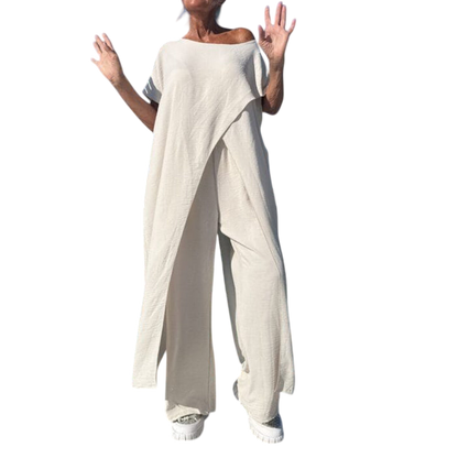 Gabbie Elegant Off-Shoulder Two-Piece Set | Relaxed Top and Wide-Leg Pants