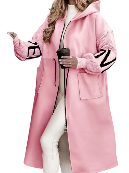 Noa - Long Hooded Coat with Knit Sleeves